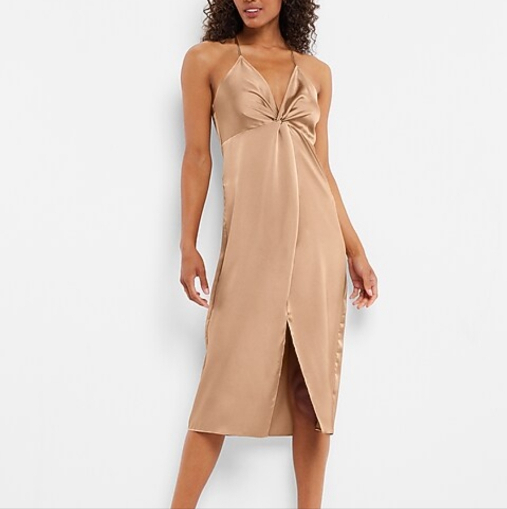 New Women's Express Midi Spaghetti Strap Crossover Dress Gold Tan Medium